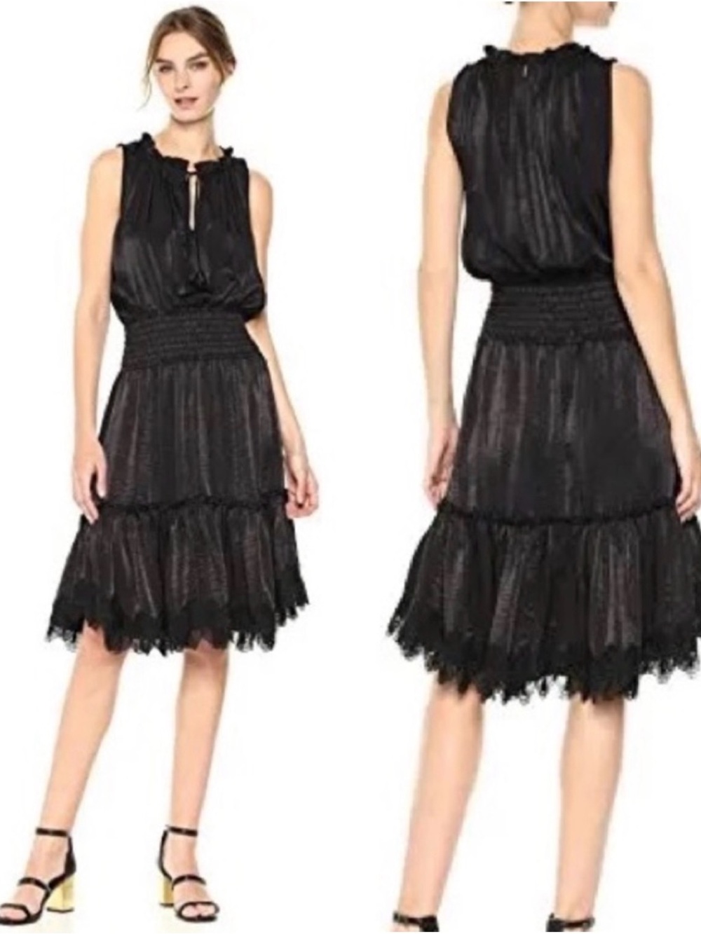 MISA Los Angeles Carlin Black Satin Ruffle Dress Smocked Waist Crochet Lace S